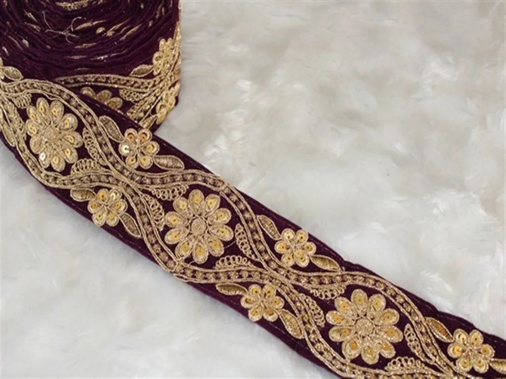 1 Metre Violet Floral Sequins Trim Embroidered Borders