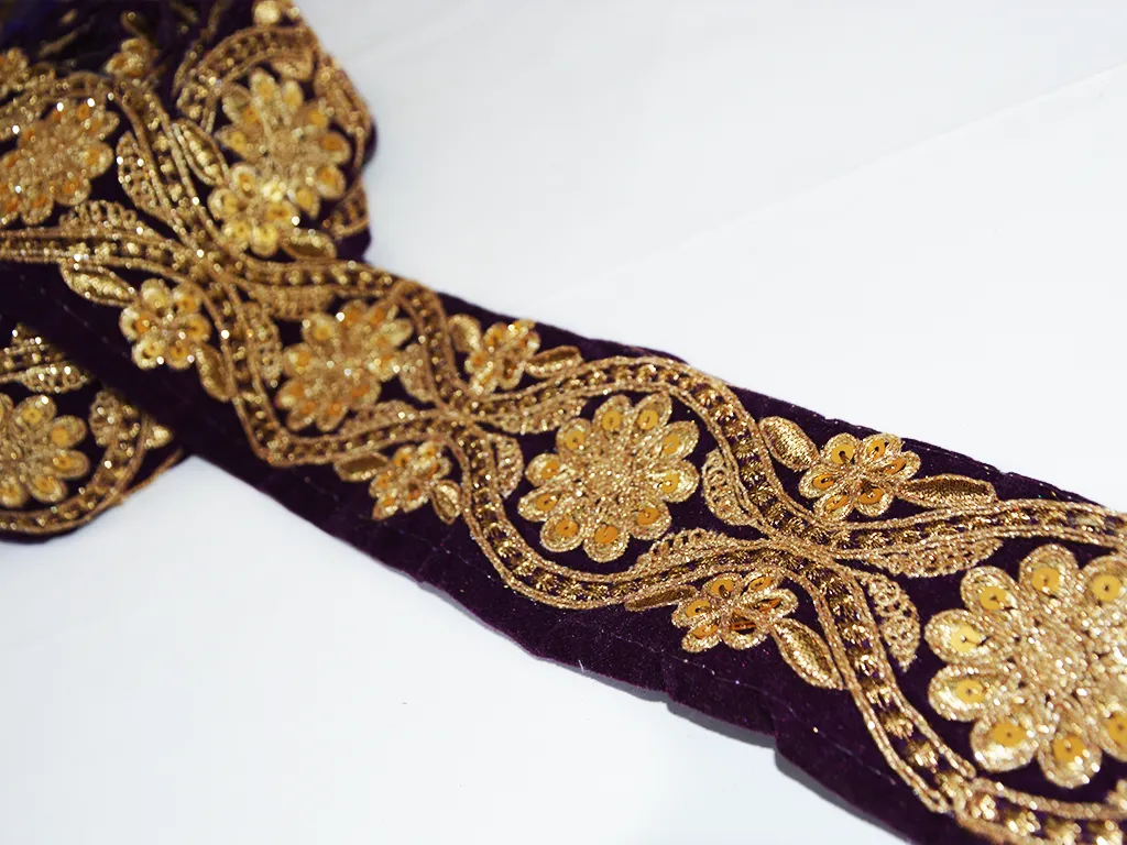 1 Metre Violet Floral Sequins Trim Embroidered Borders