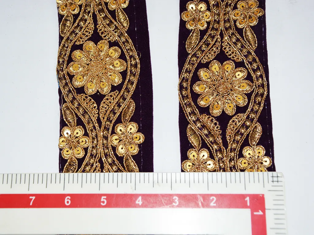 1 Metre Violet Floral Sequins Trim Embroidered Borders
