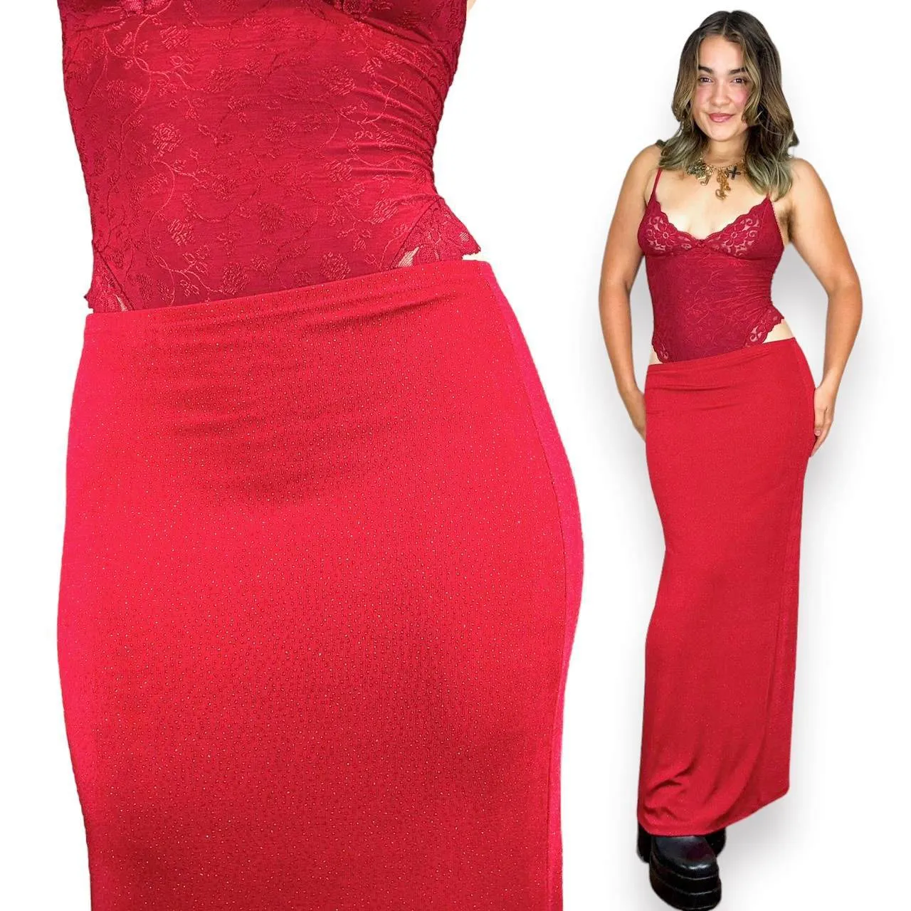 90s Cherry Red Slinky Maxi Skirt (M)