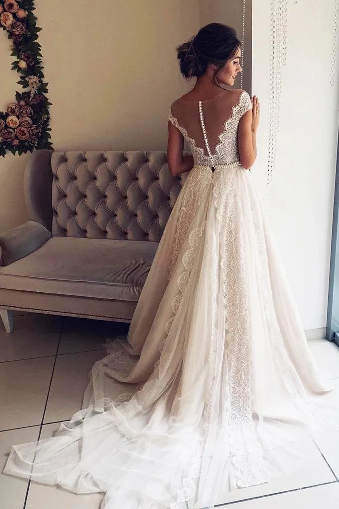 A Line Cap Sleeve Lace V Neck Chiffon Ivory Beads Wedding Dresses, Wedding Gowns SWK14996