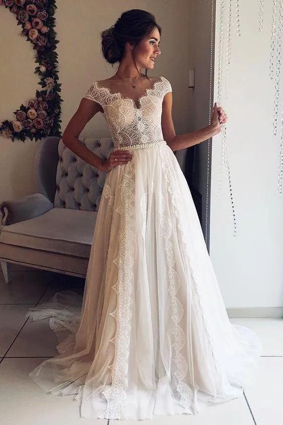 A Line Cap Sleeve Lace V Neck Chiffon Ivory Beads Wedding Dresses, Wedding Gowns SWK14996
