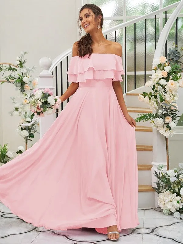 A-Line/Princess Chiffon Ruffles Off-the-Shoulder Sleeveless Floor-Length Bridesmaid Dresses