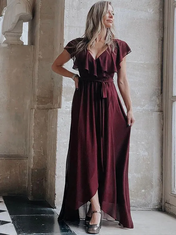A-Line/Princess Chiffon Ruffles V-neck Sleeveless Floor-Length Bridesmaid Dresses