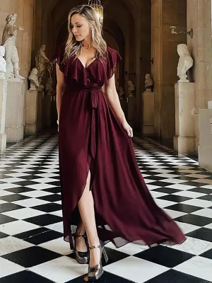 A-Line/Princess Chiffon Ruffles V-neck Sleeveless Floor-Length Bridesmaid Dresses