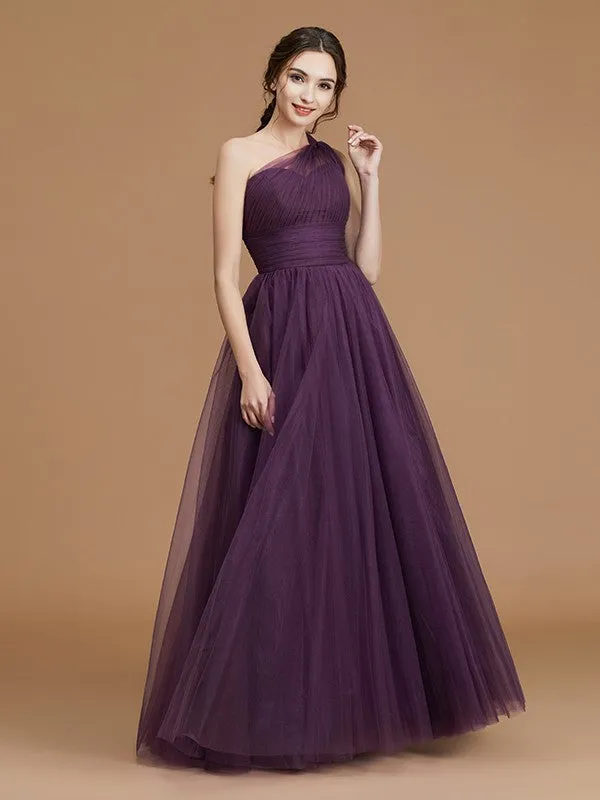 A-Line/Princess One-Shoulder Sleeveless Floor-Length Ruched Tulle Bridesmaid Dresses
