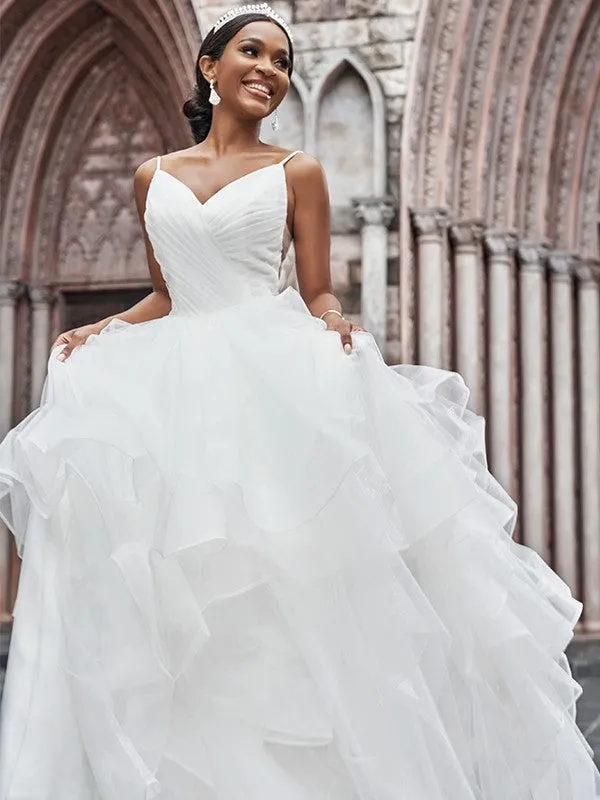 A-Line/Princess Tulle Ruffles Spaghetti Straps Sleeveless Sweep/Brush Train Wedding Dresses
