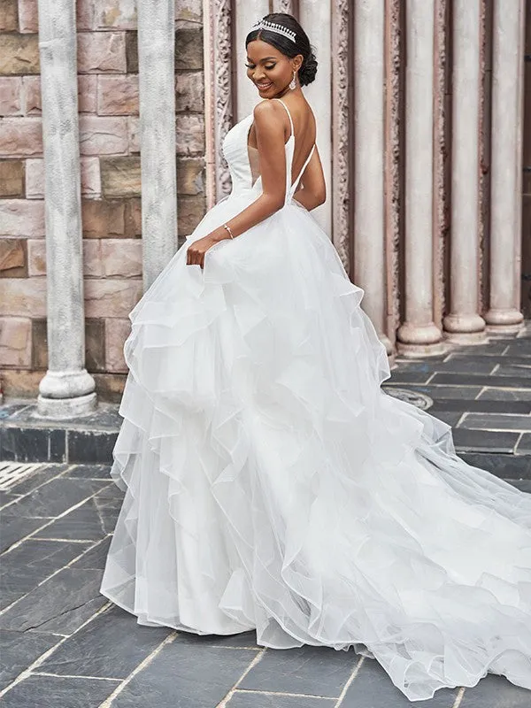 A-Line/Princess Tulle Ruffles Spaghetti Straps Sleeveless Sweep/Brush Train Wedding Dresses