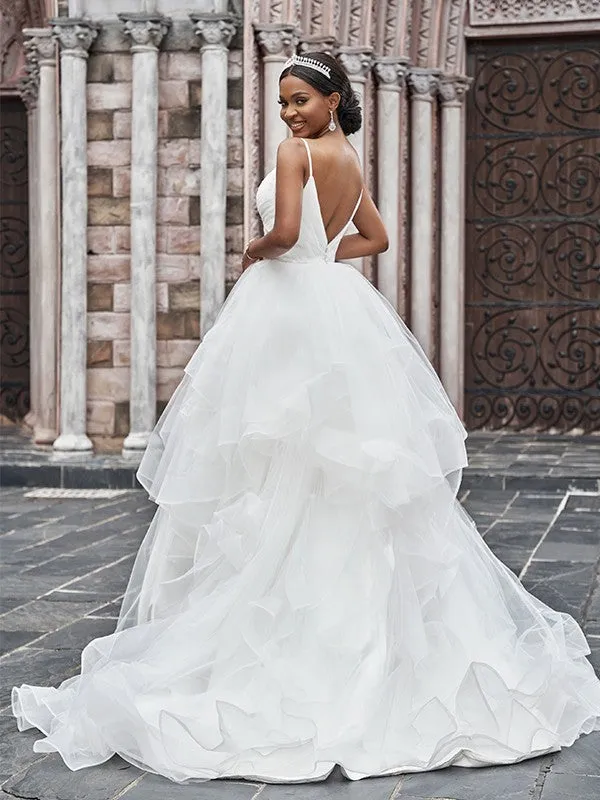 A-Line/Princess Tulle Ruffles Spaghetti Straps Sleeveless Sweep/Brush Train Wedding Dresses