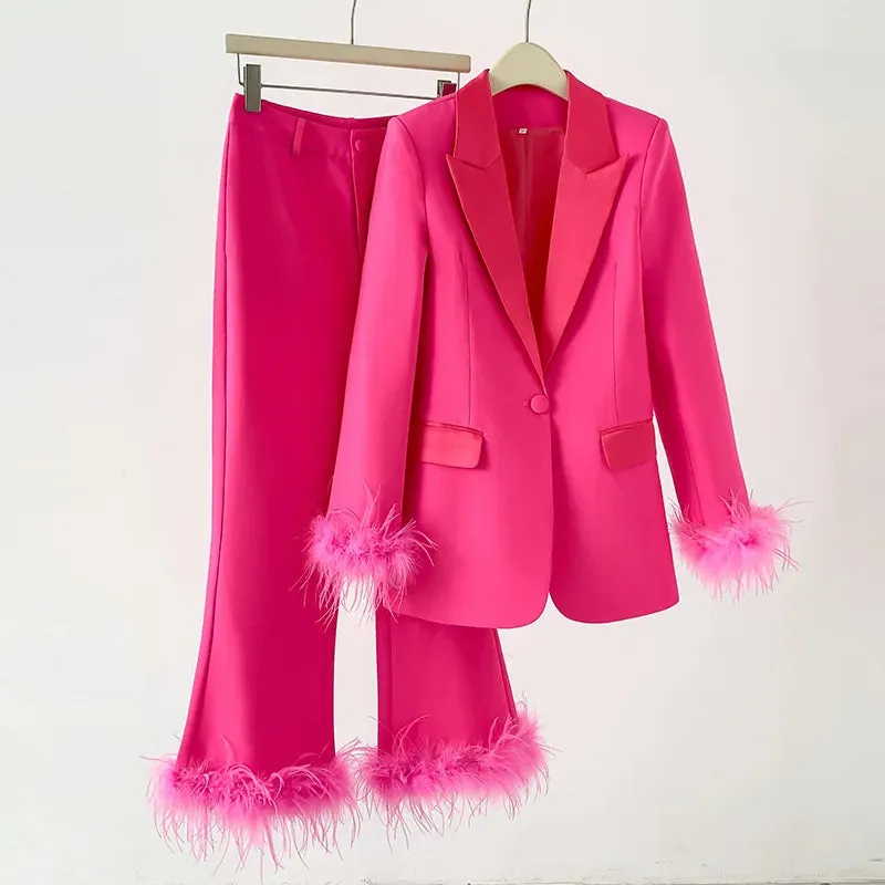 Amanza Feather Blazer Pants Set