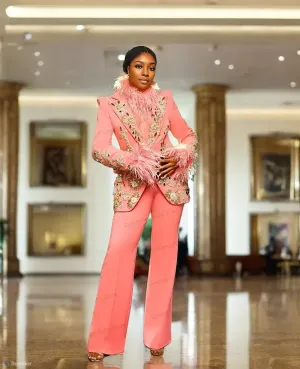 Ashore Shop Pink Feather Women Suits Pant Set Crystal Blazer Trousers Wedding Tuxedo