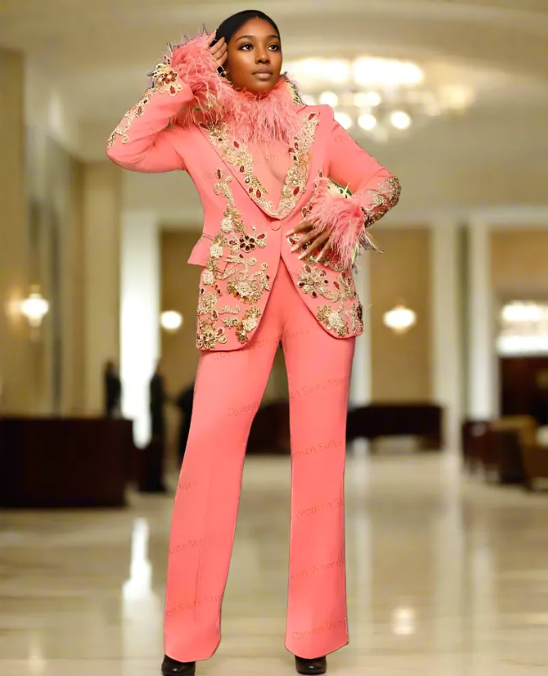 Ashore Shop Pink Feather Women Suits Pant Set Crystal Blazer Trousers Wedding Tuxedo