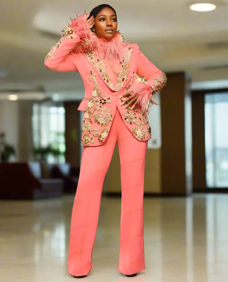 Ashore Shop Pink Feather Women Suits Pant Set Crystal Blazer Trousers Wedding Tuxedo
