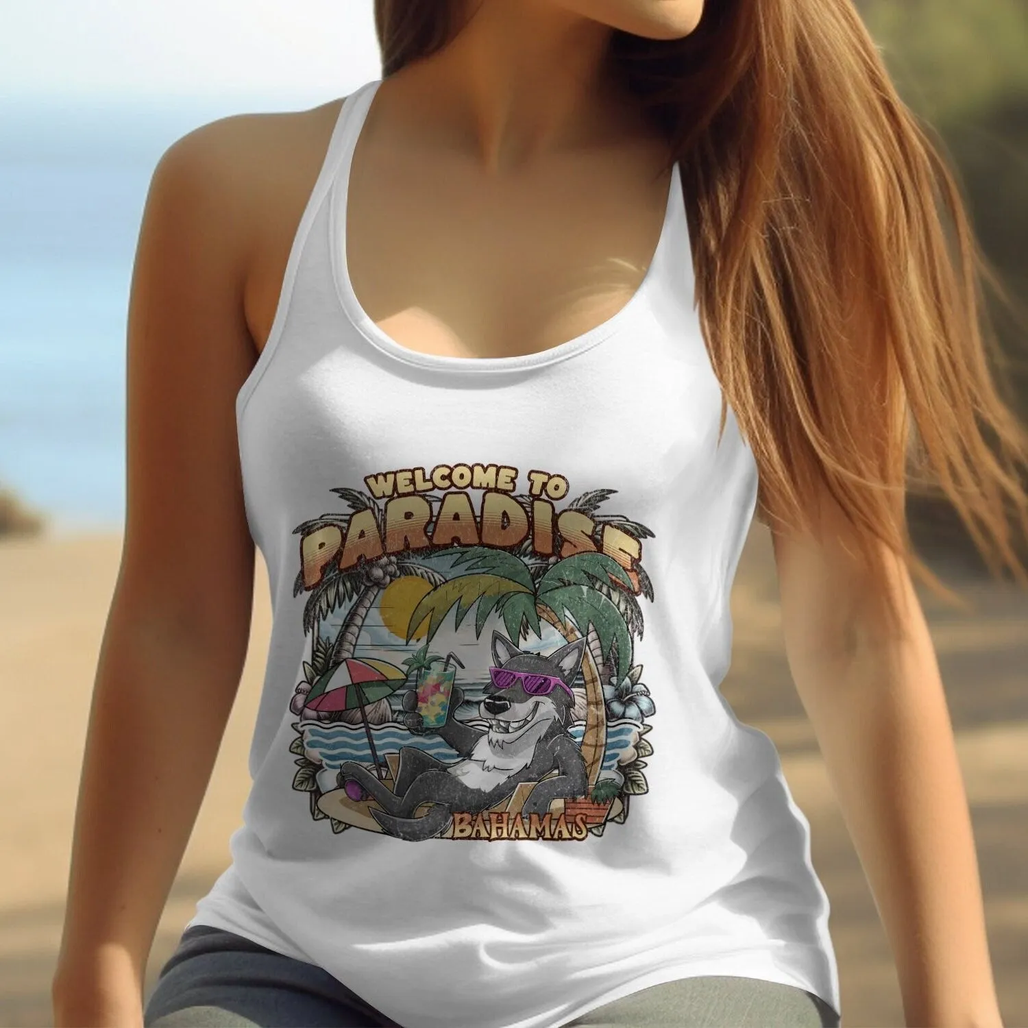 Bahamas Beach Paradise T-Shirt, Tropical Island Vibes Tee, Relaxing Wolf Graphic, Summer Vacation Shirt, Unisex Casual Wear Tank Top