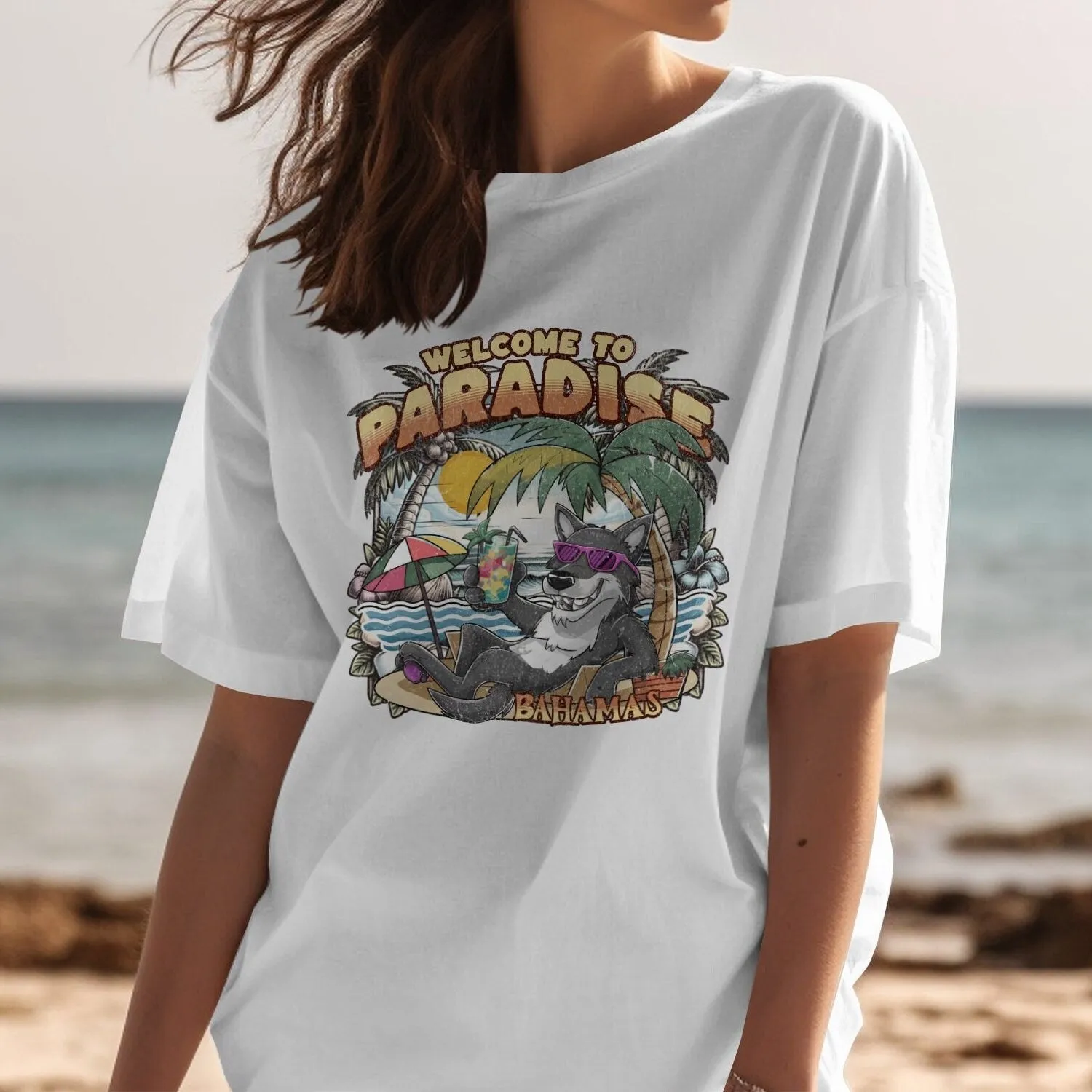Bahamas Beach Paradise T-Shirt, Tropical Island Vibes Tee, Relaxing Wolf Graphic, Summer Vacation Shirt, Unisex Casual Wear Tank Top