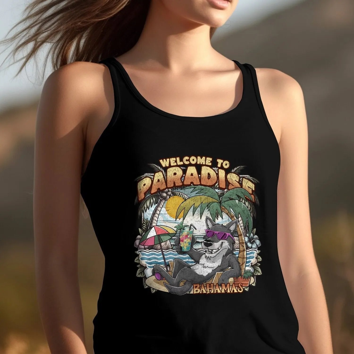 Bahamas Beach Paradise T-Shirt, Tropical Island Vibes Tee, Relaxing Wolf Graphic, Summer Vacation Shirt, Unisex Casual Wear Tank Top