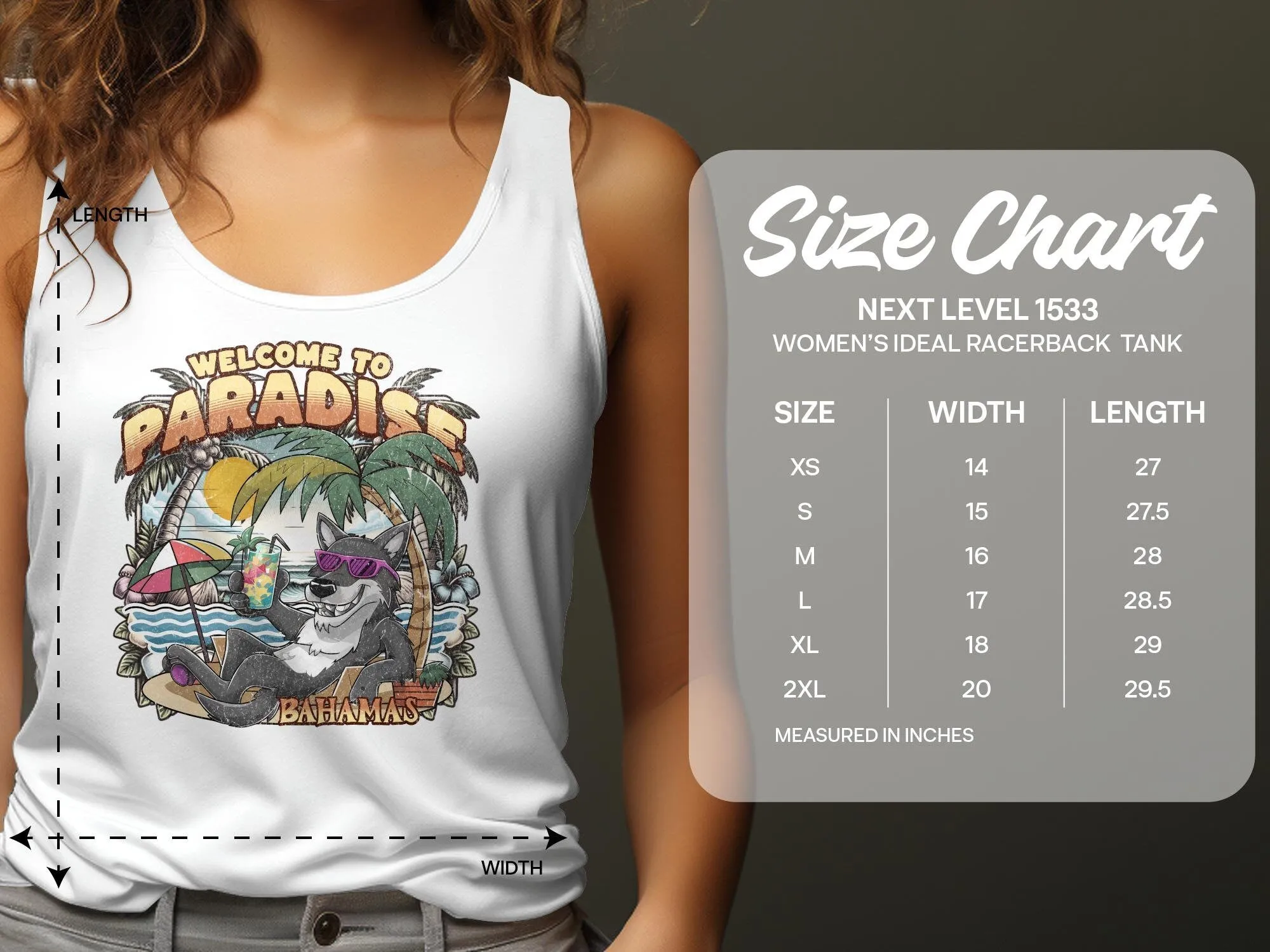 Bahamas Beach Paradise T-Shirt, Tropical Island Vibes Tee, Relaxing Wolf Graphic, Summer Vacation Shirt, Unisex Casual Wear Tank Top