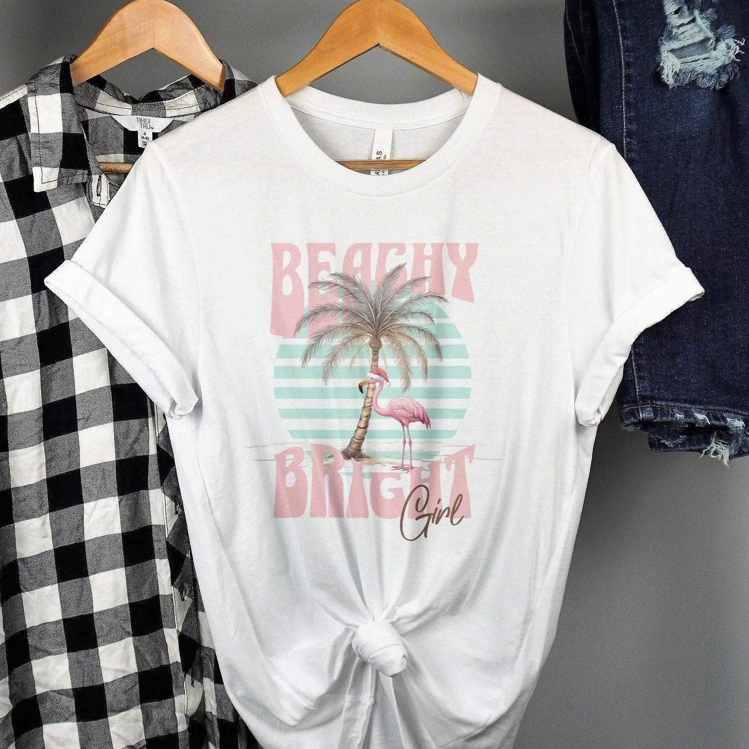 Beachy Bright Graphic T-Shirt, Flamingo and Palm Tree Tee, Summer Vibes Shirt, Tropical Beachwear, Casual Vacation Tank Top