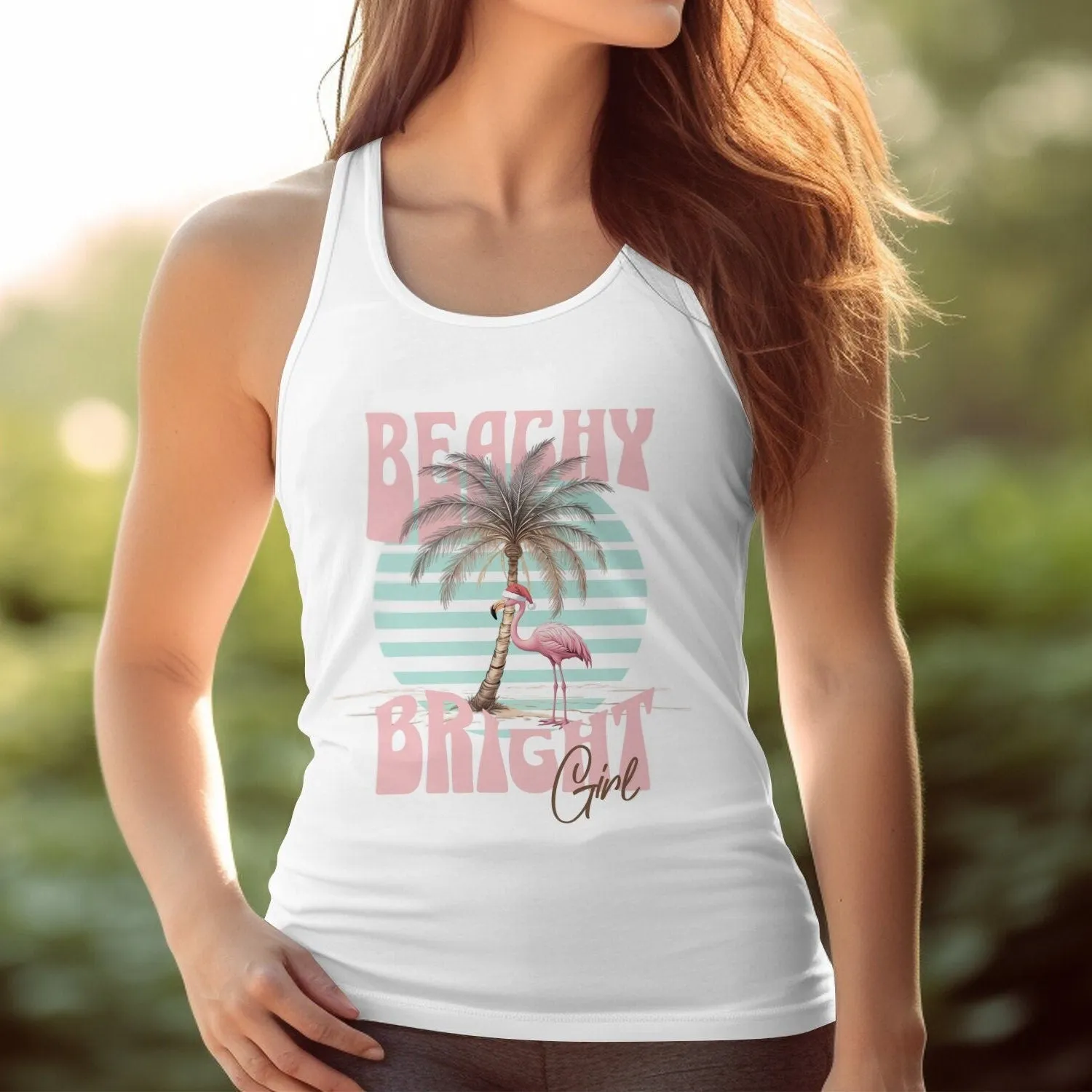 Beachy Bright Graphic T-Shirt, Flamingo and Palm Tree Tee, Summer Vibes Shirt, Tropical Beachwear, Casual Vacation Tank Top