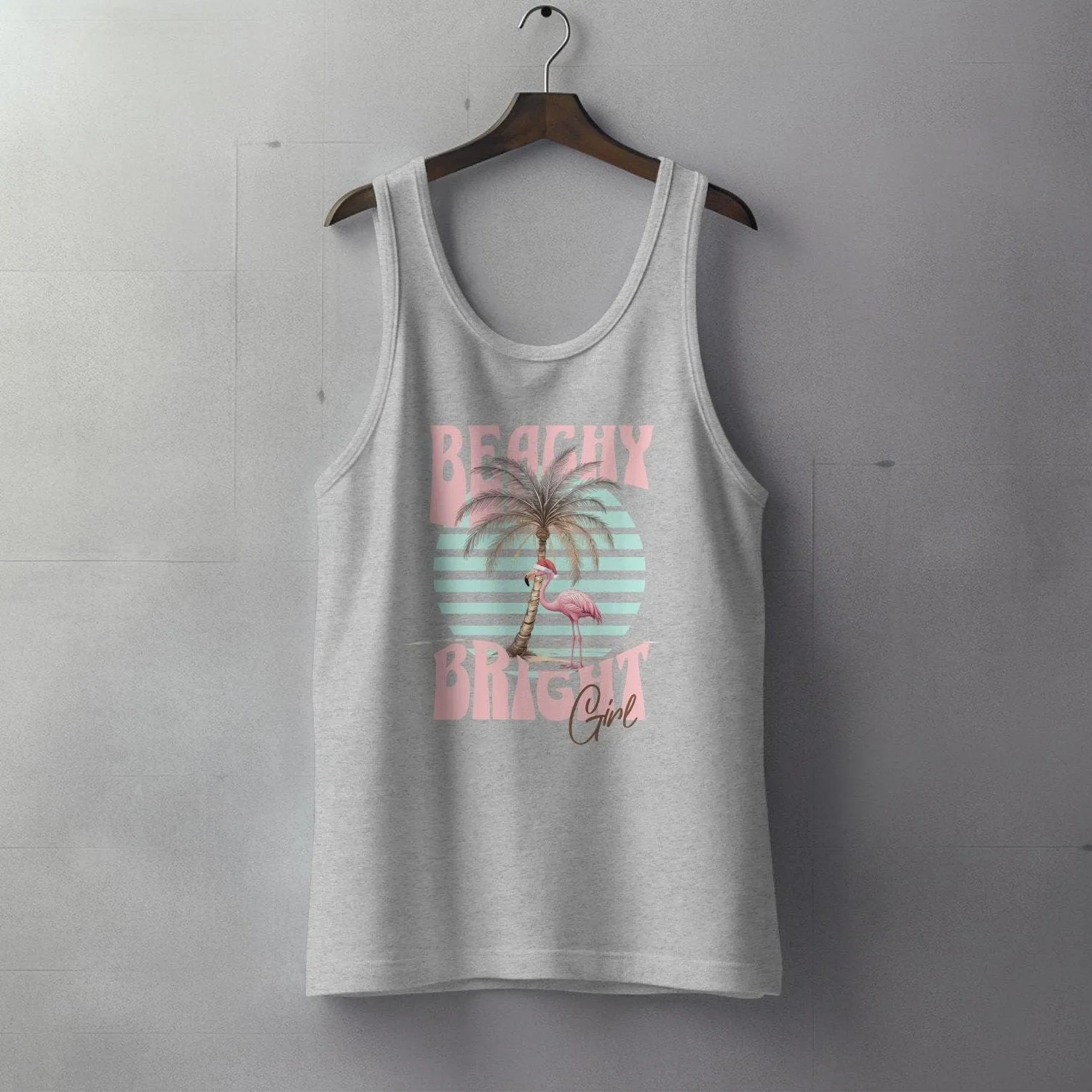 Beachy Bright Graphic T-Shirt, Flamingo and Palm Tree Tee, Summer Vibes Shirt, Tropical Beachwear, Casual Vacation Tank Top