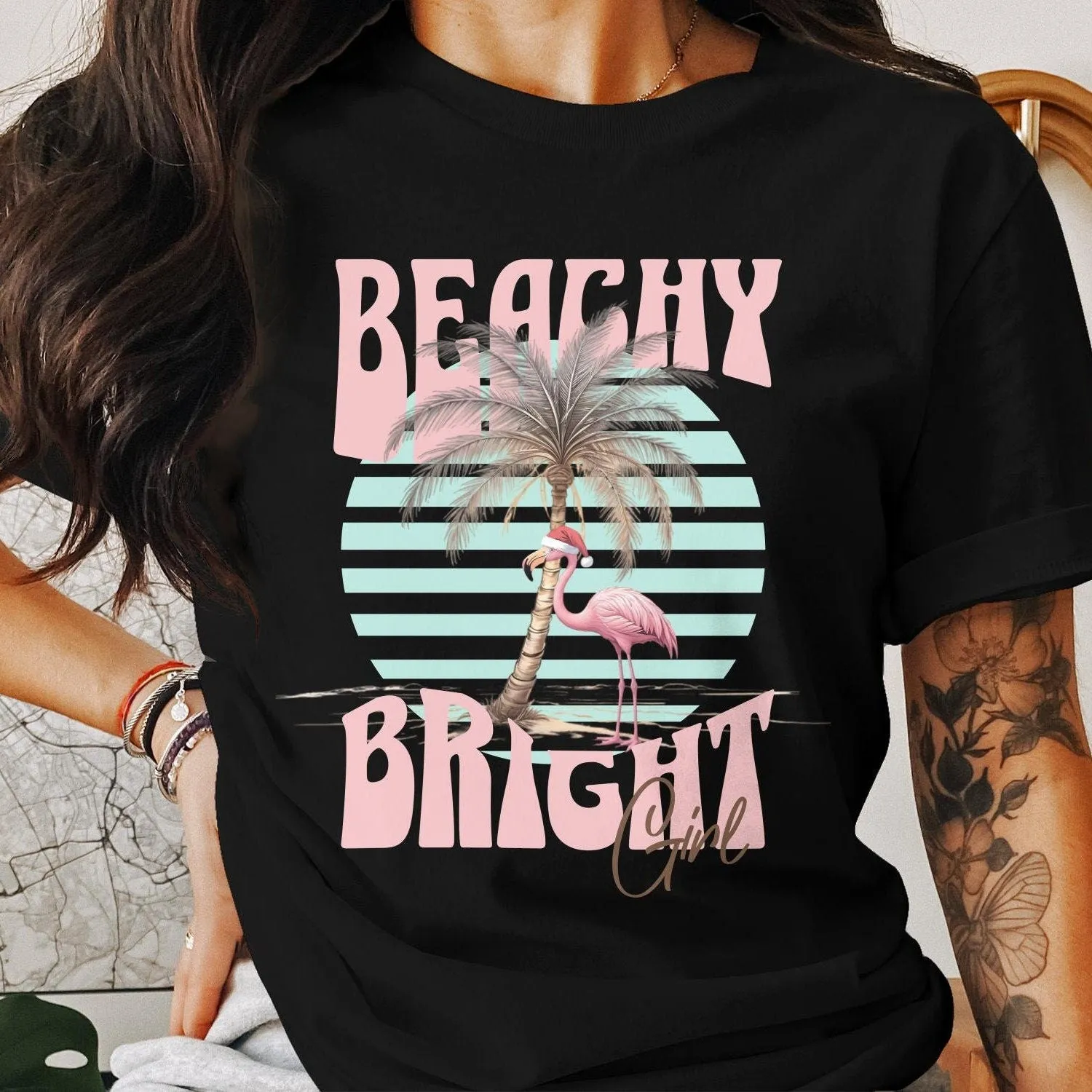 Beachy Bright Graphic T-Shirt, Flamingo and Palm Tree Tee, Summer Vibes Shirt, Tropical Beachwear, Casual Vacation Tank Top