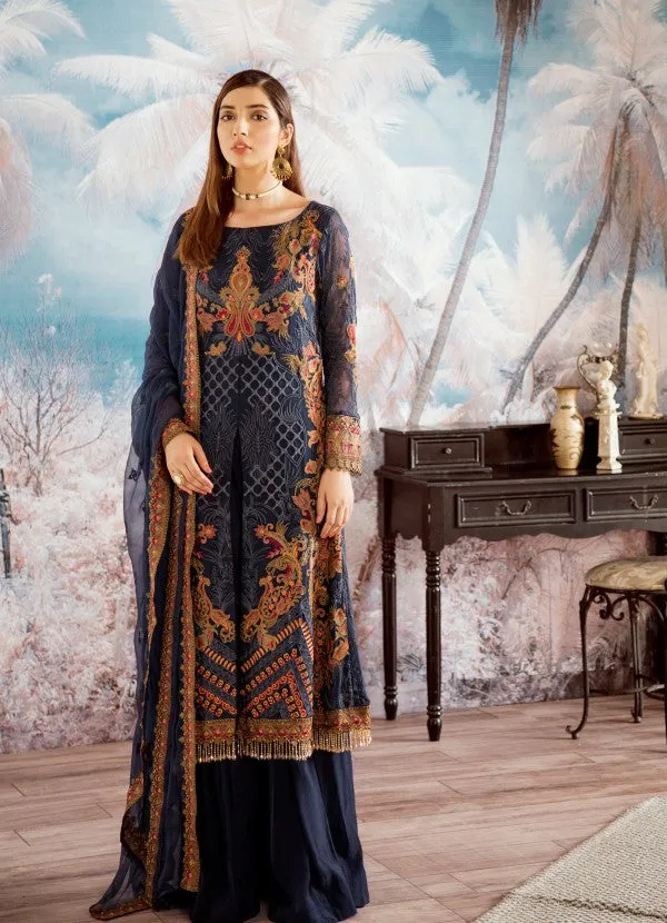 Beautiful Pakistani designer chiffon blue thread embroidered dress # P2325