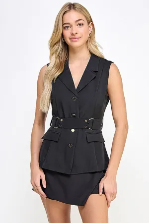 Black Blazer Vest and Mini Skort Set with Belt