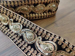 Black Golden Sequins and Thread Work Velvet Embroidered Border