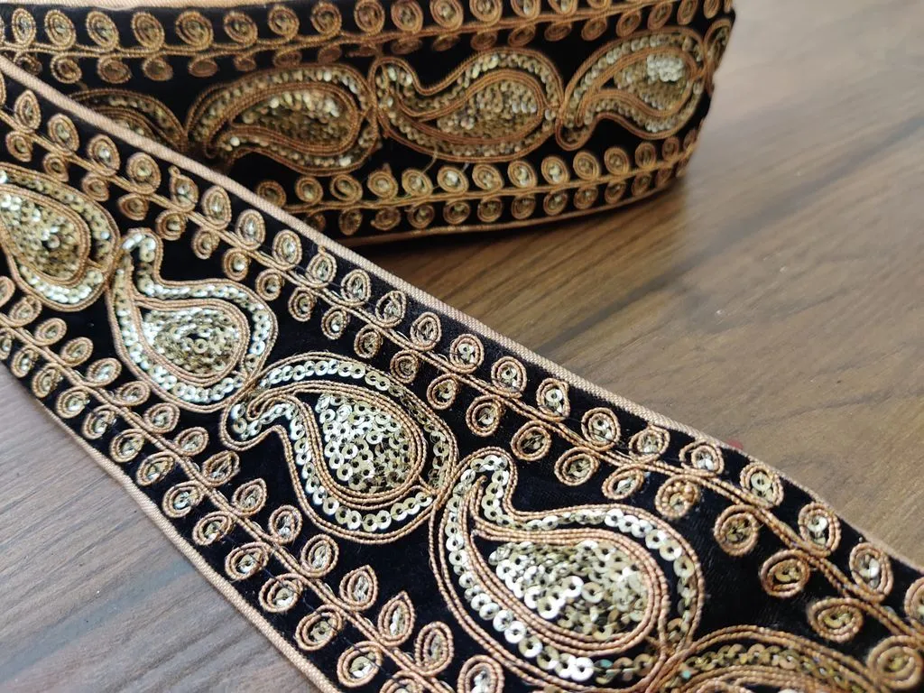 Black Golden Sequins and Thread Work Velvet Embroidered Border