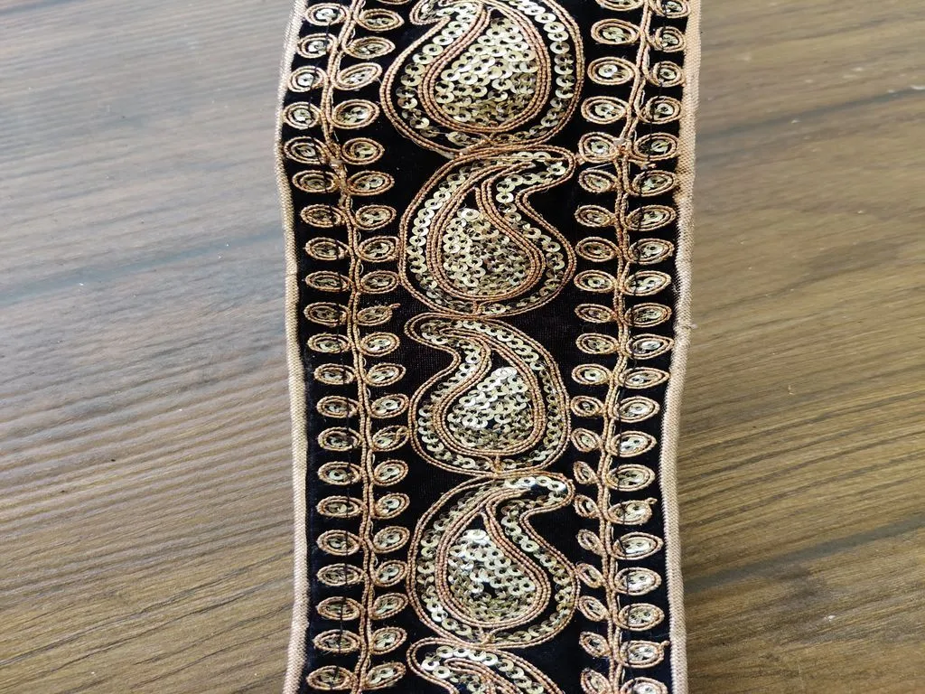 Black Golden Sequins and Thread Work Velvet Embroidered Border