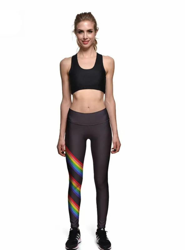 Black Rainbow Stripes High Waist Digital Print Leggings