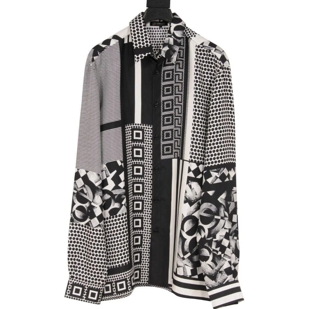 Black White Silk Medusa Print Button Down Shirt