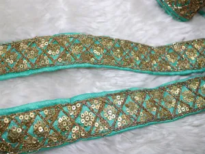 Blue Fancy Sequins Trim Embroidered Lace Border