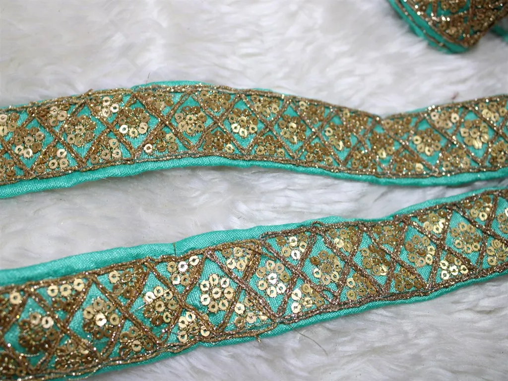 Blue Fancy Sequins Trim Embroidered Lace Border