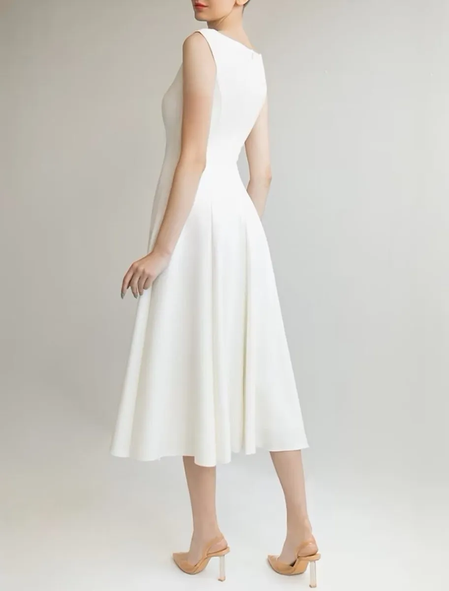 Bridal Shower Little White Dresses Wedding Dresses A-Line Scoop Neck Sleeveless Tea Length Satin Bridal Gowns With Solid Color