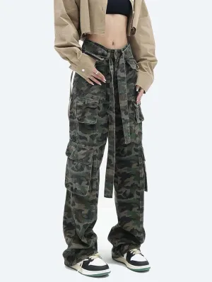 Camo Print Flap Pocket Belted Cargo Jean