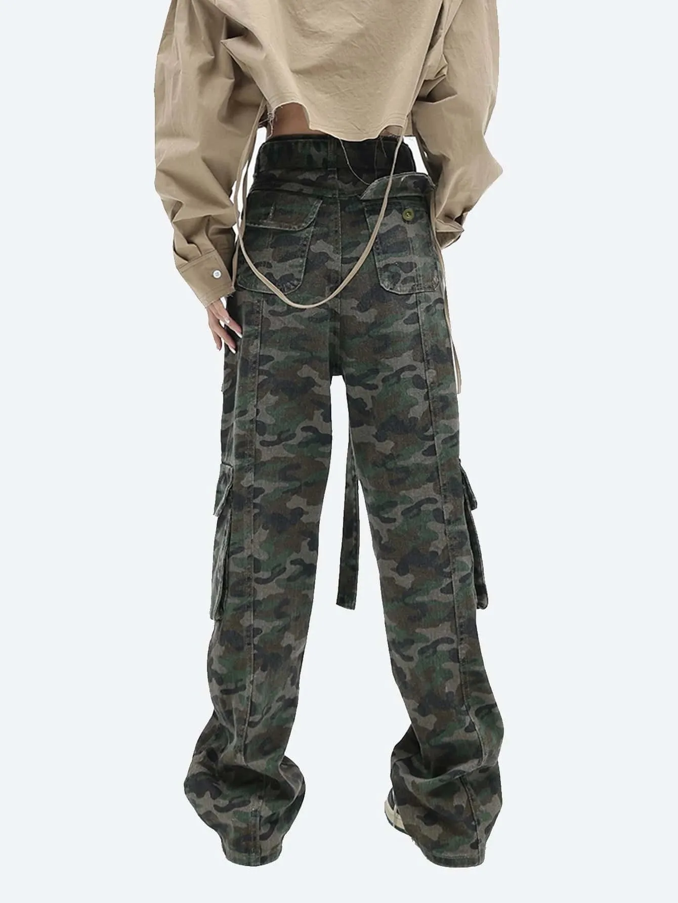 Camo Print Flap Pocket Belted Cargo Jean