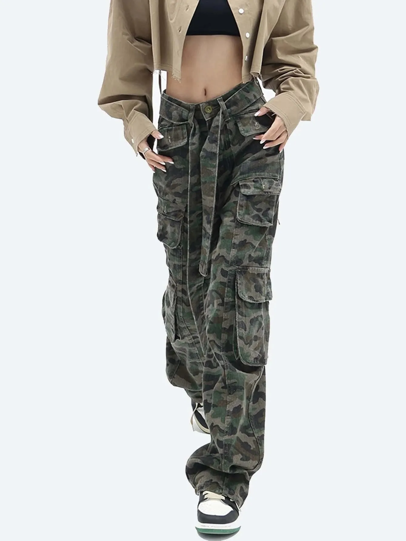 Camo Print Flap Pocket Belted Cargo Jean