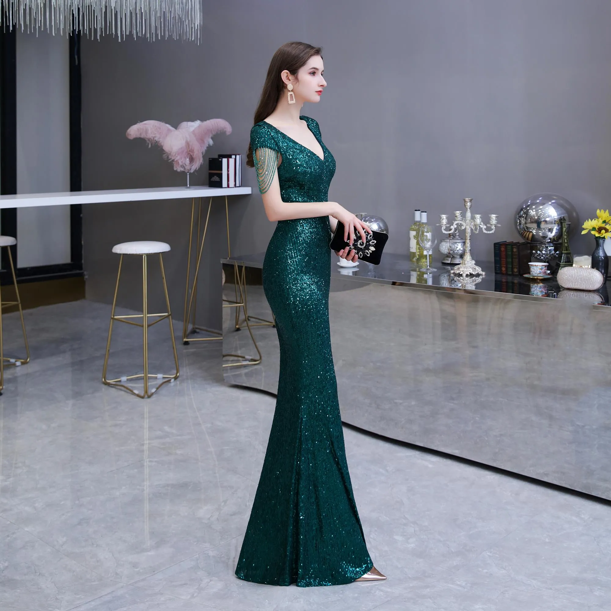 Cap Sleeve Beaded V-neck Sheath Sequins Long Evening Gowns