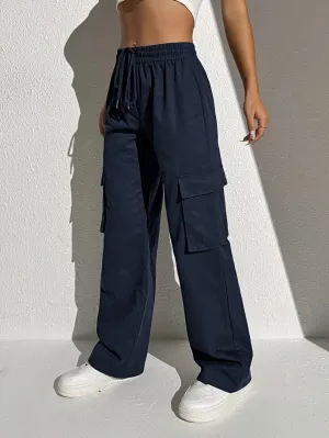 Casual Flap Pocket Drawstring Waist Cargo Pants