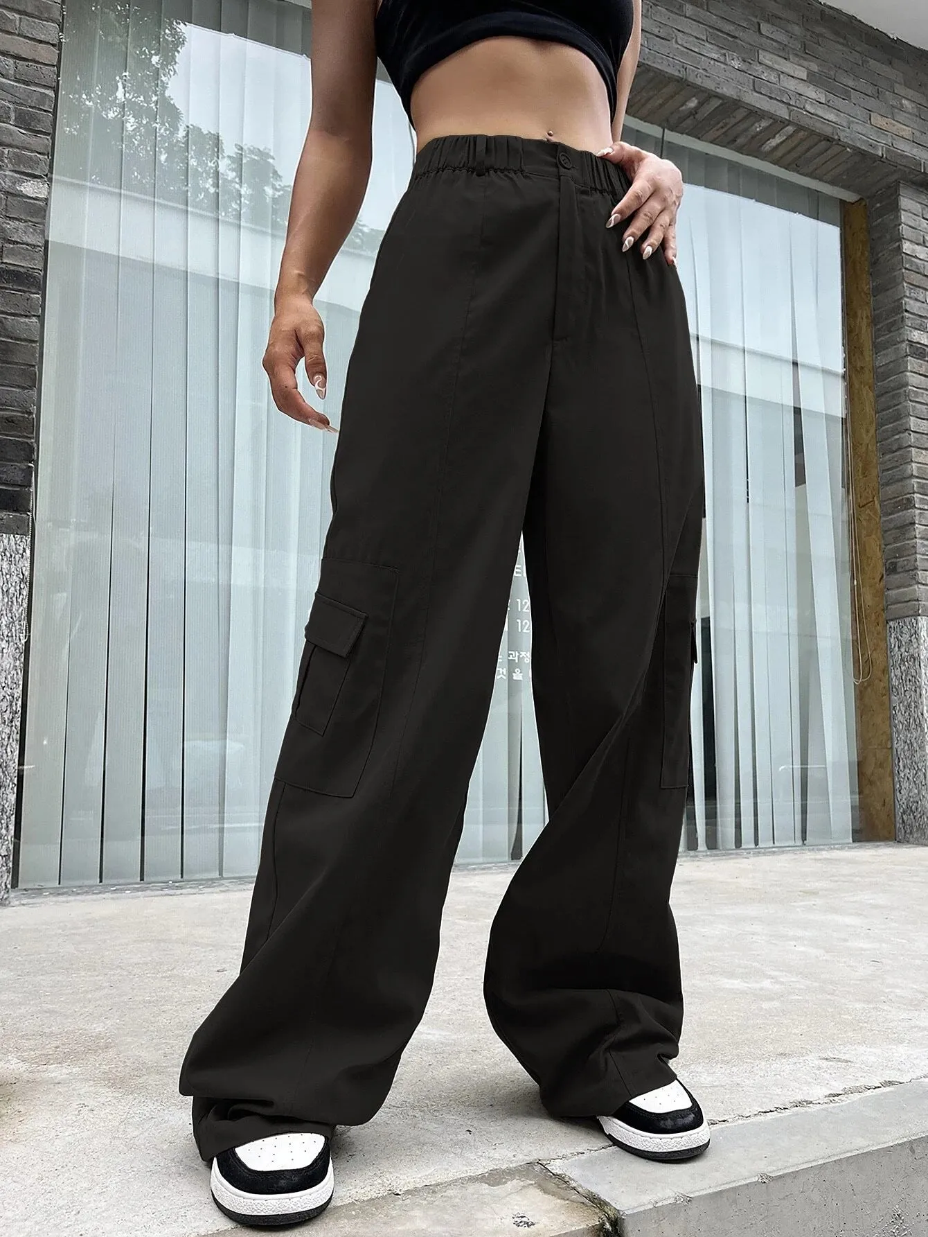 Casual Flap Side Pocket Plain Cargo Pants