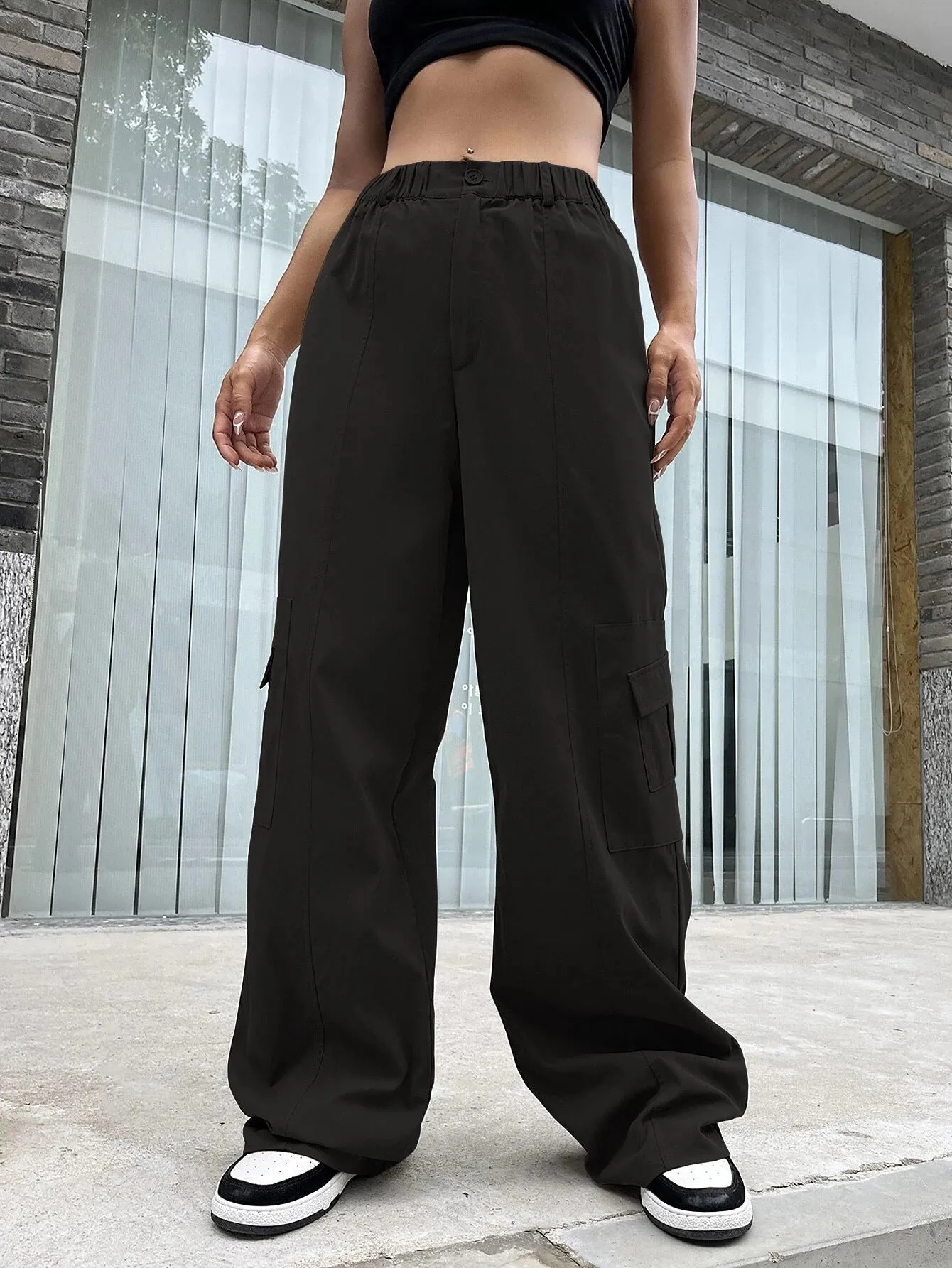 Casual Flap Side Pocket Plain Cargo Pants