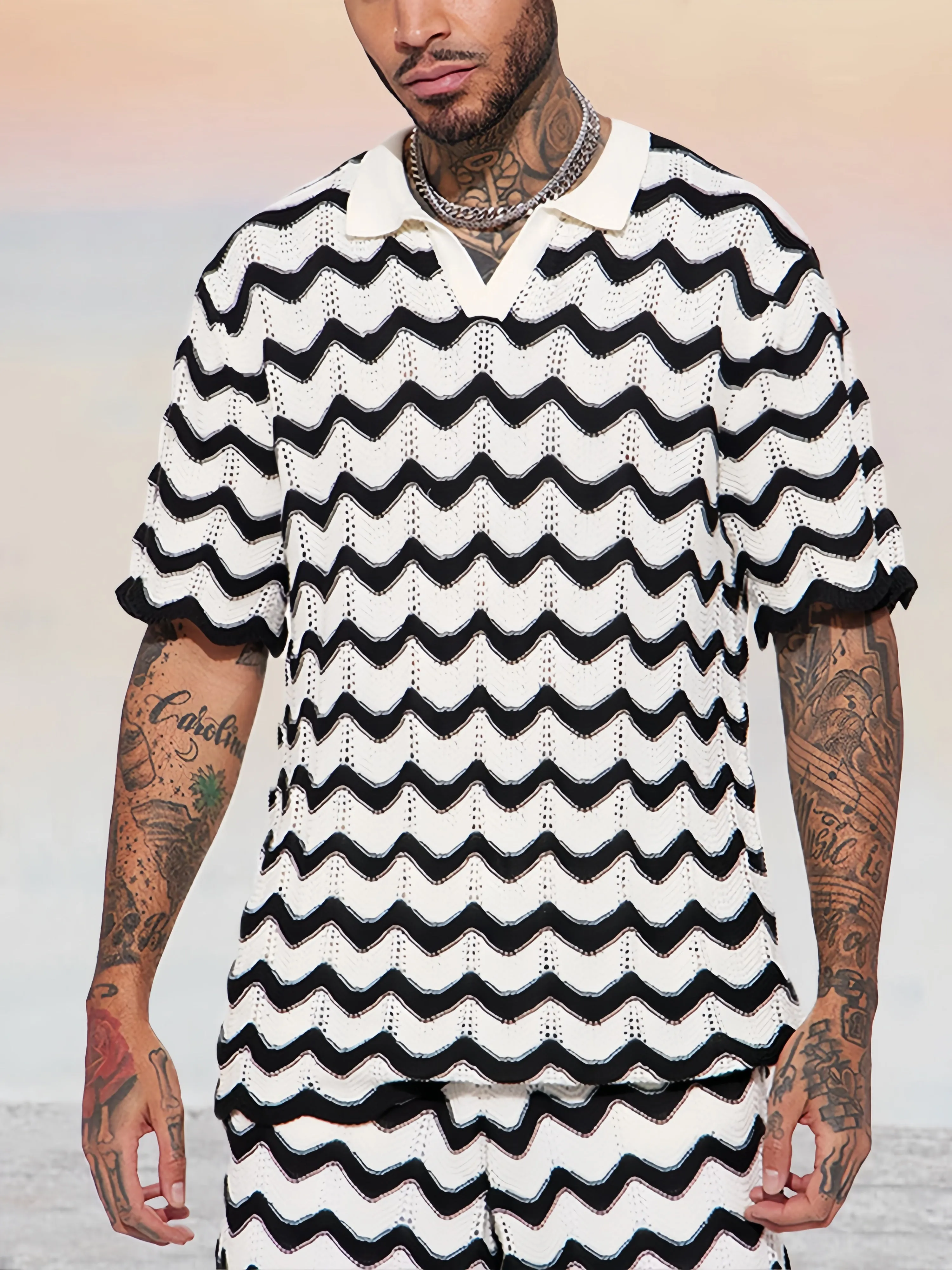 Casual Stripe Knitted Polo Shirt Sets