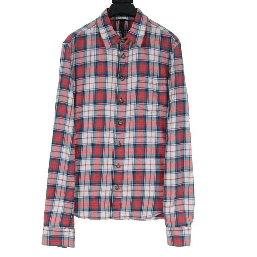 Chrome Hearts Cross Patch Flannel Red Green Plaid Button Down Shirt