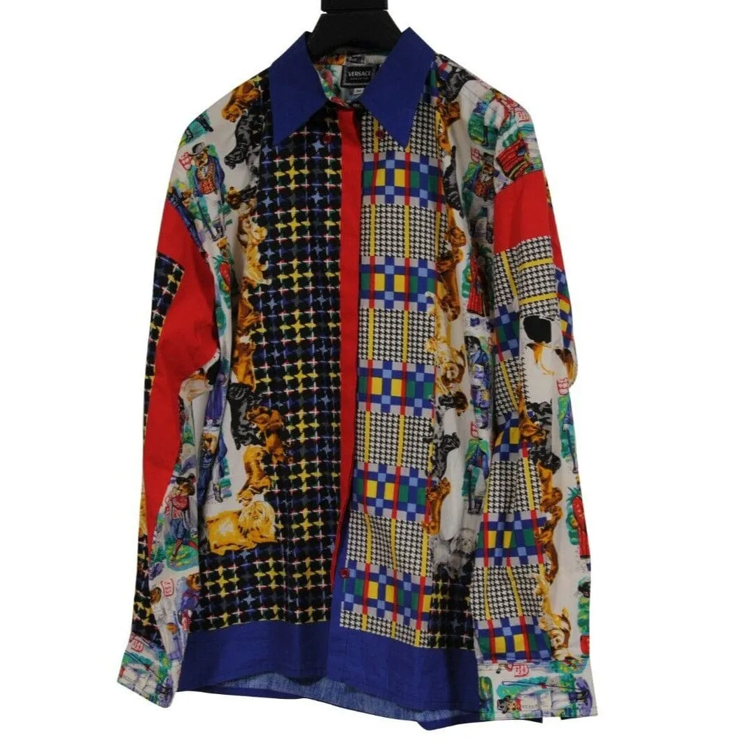 Couture Vtg 90's Dogs Button Down Shirt Medium Blue Cotton Long