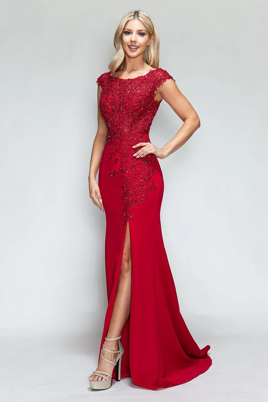 Crystal Bead Embroidery Cap Sleeve Formal Dress