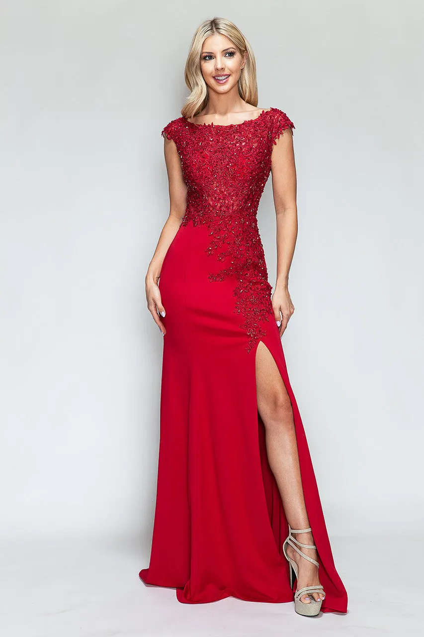 Crystal Bead Embroidery Cap Sleeve Formal Dress
