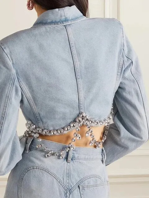 Crystal Embellished Cropped Denim Blazer