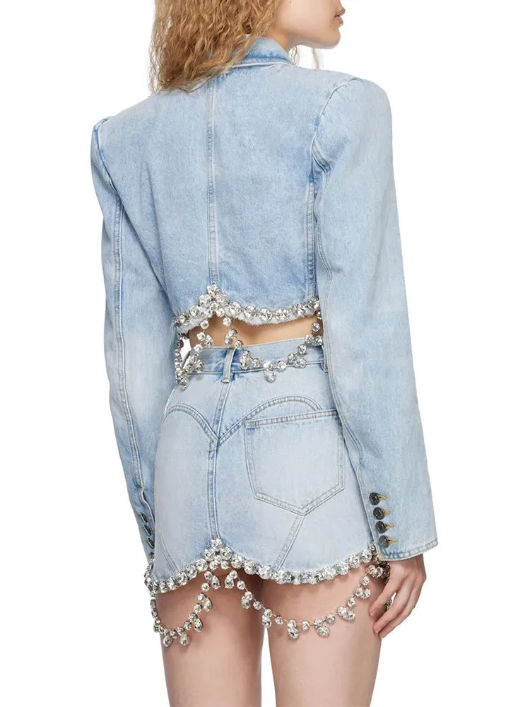 Crystal Embellished Cropped Denim Blazer