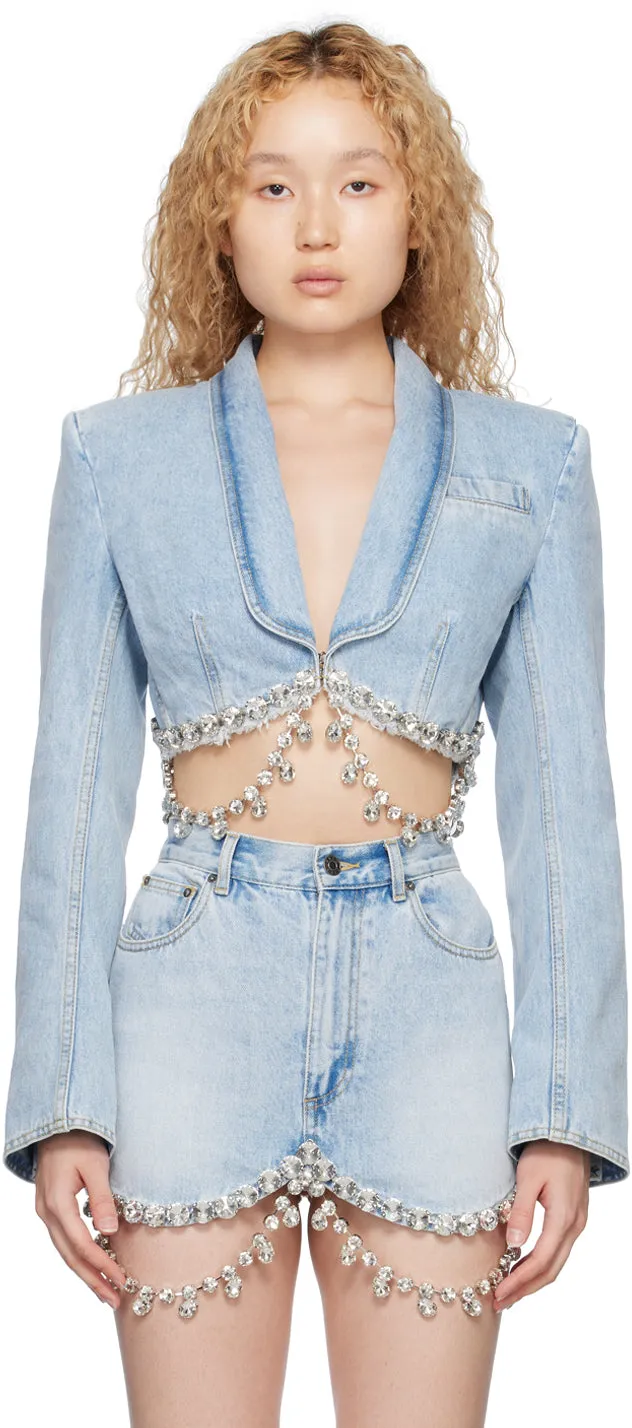 Crystal Embellished Cropped Denim Blazer